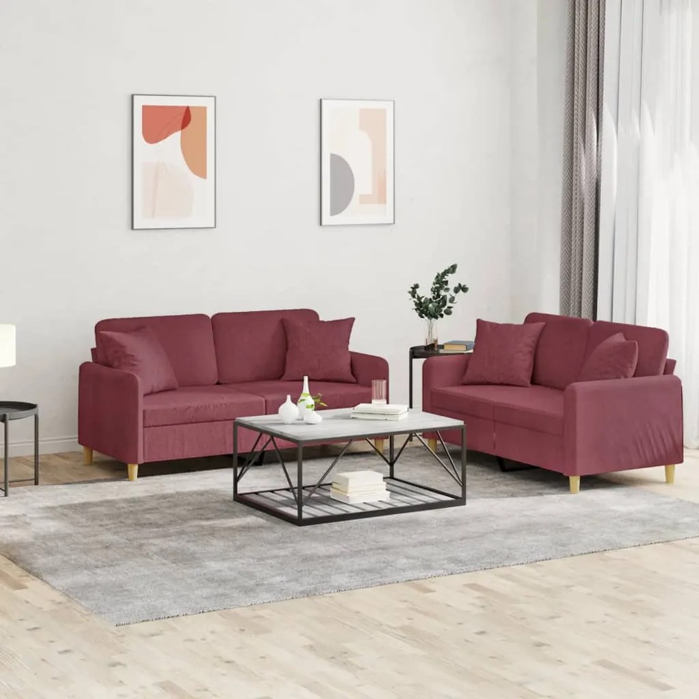 vidaXL 2 pcs conjunto de sofás com almofadas tecido vermelho-tinto