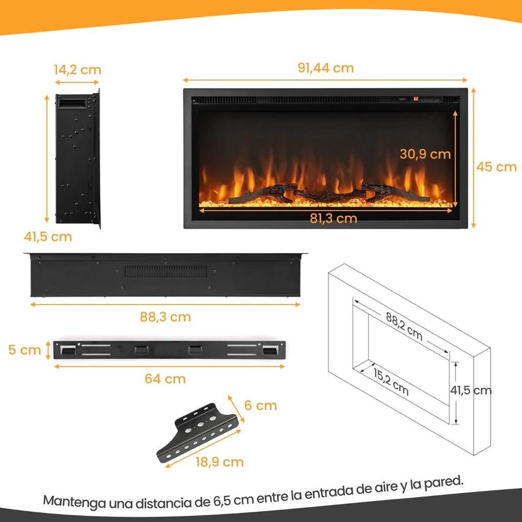 Lareira eléctrica de parede ou de instalação livre com controlo remoto Termóstato Cor e brilho da chama ajustáveis 91,5 x 14 x 45 cm Preto