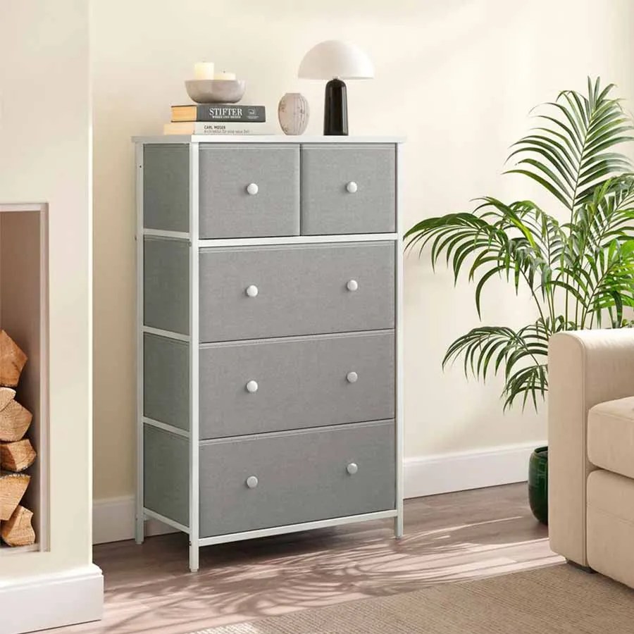 Cómoda com 5 gavetas em tecido e armação em metal 30 x 56 x 93 cm cinzento e branco