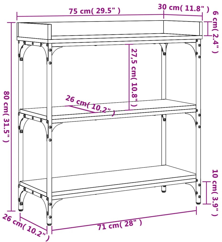 Mesa consola c/ prateleiras 75x30x80 cm preto