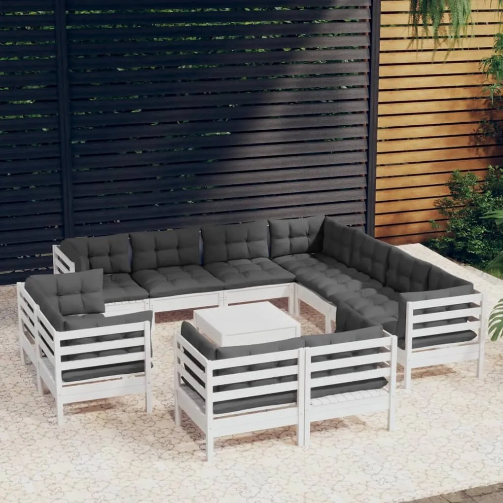 12 pcs conj. lounge de jardim c/ almofadões pinho maciço branco