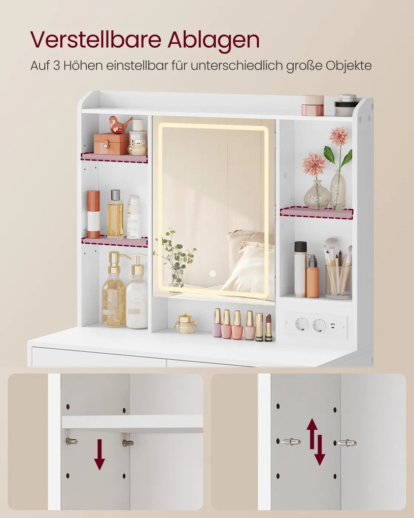Toucador com espelho LED (BANCO NÃO INCLUIDO) regulável, 2 gavetas 40 x 90 x 145 cm Coleção Kailyn, branca