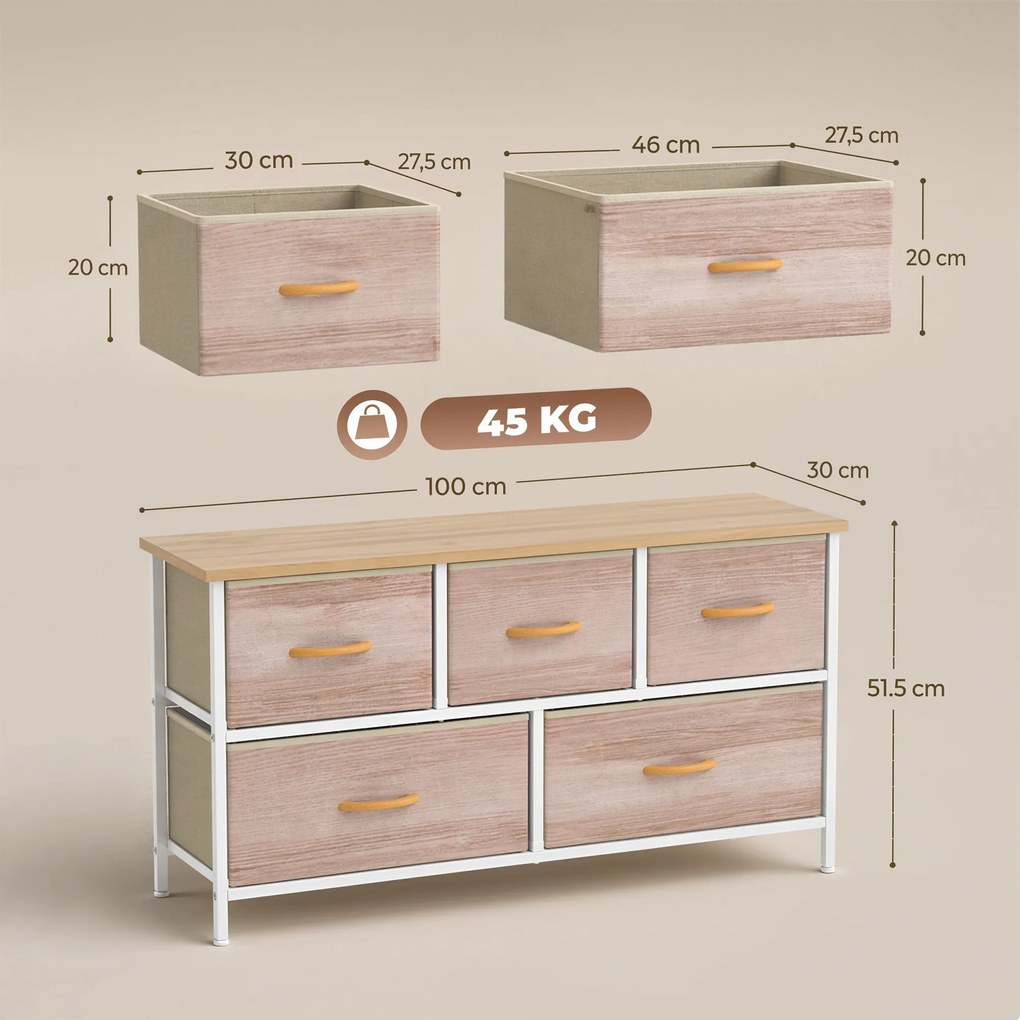Cómoda com 5 Gavetas de Tecido Cómoda para Quarto Estrutura Metálica 100x30x51.5 cm Madeira e Branco