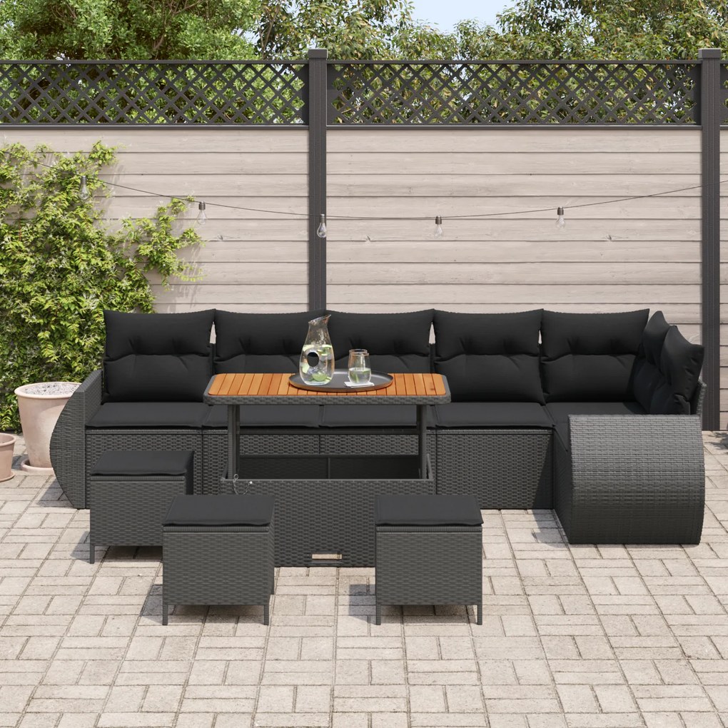 Conjunto de Sofá de Jardim de 10 Peças com Almofadas Preto Polirattan