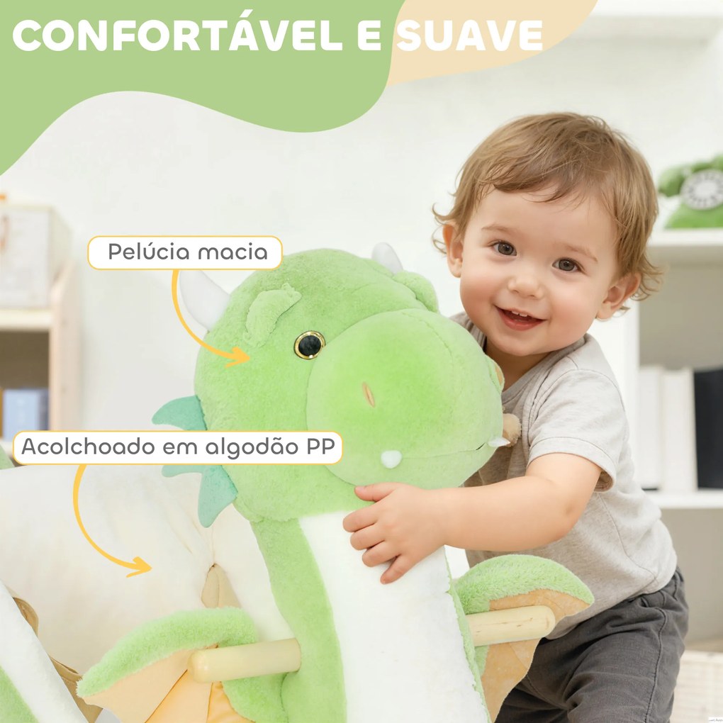 Baloiço para Bebés com Som de Dragão Base de Madeira Cinto de Segurança para Crianças de 18-36 Meses 65x38x72 cm Verde