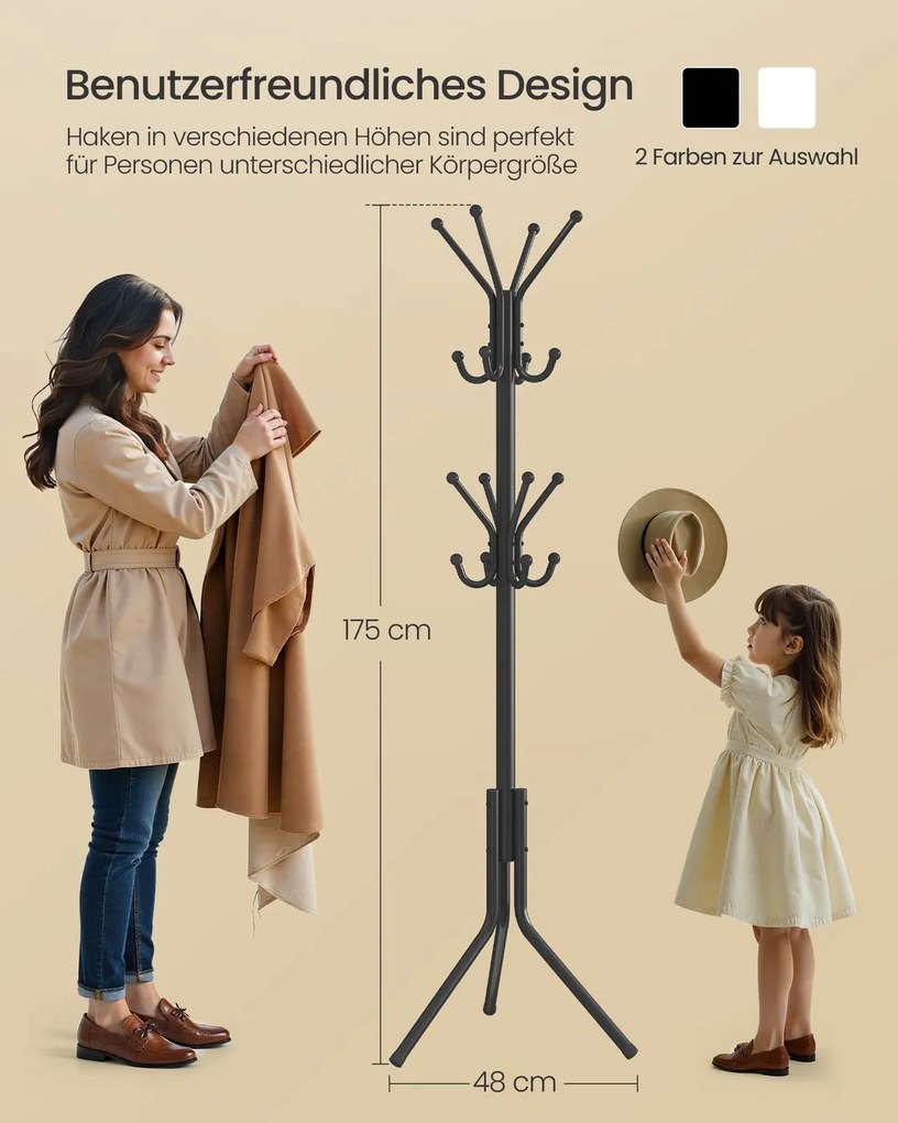 Cabide metálico 48 x 43 x 175 cm com ganchos para roupas e acessórios, preto