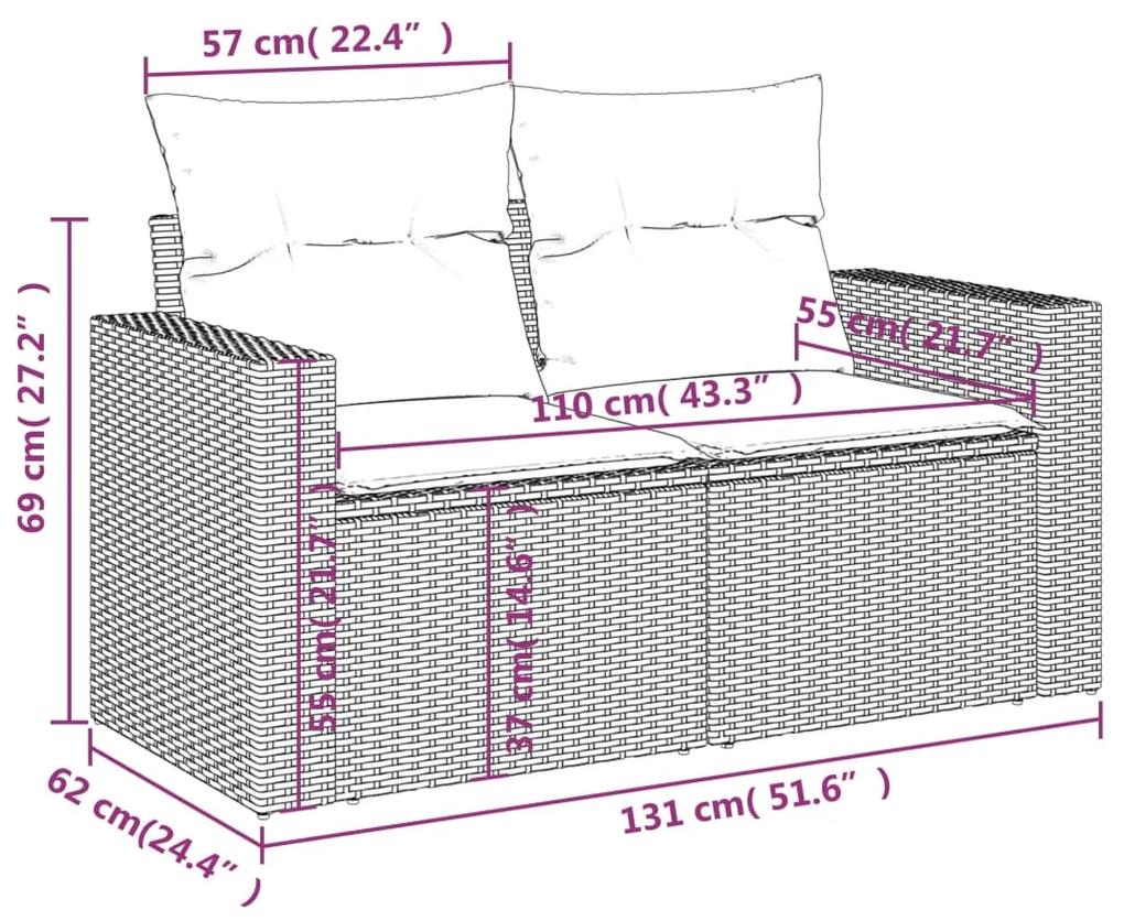 Sofá de jardim de 2 lugares com almofadões vime PE cinzento