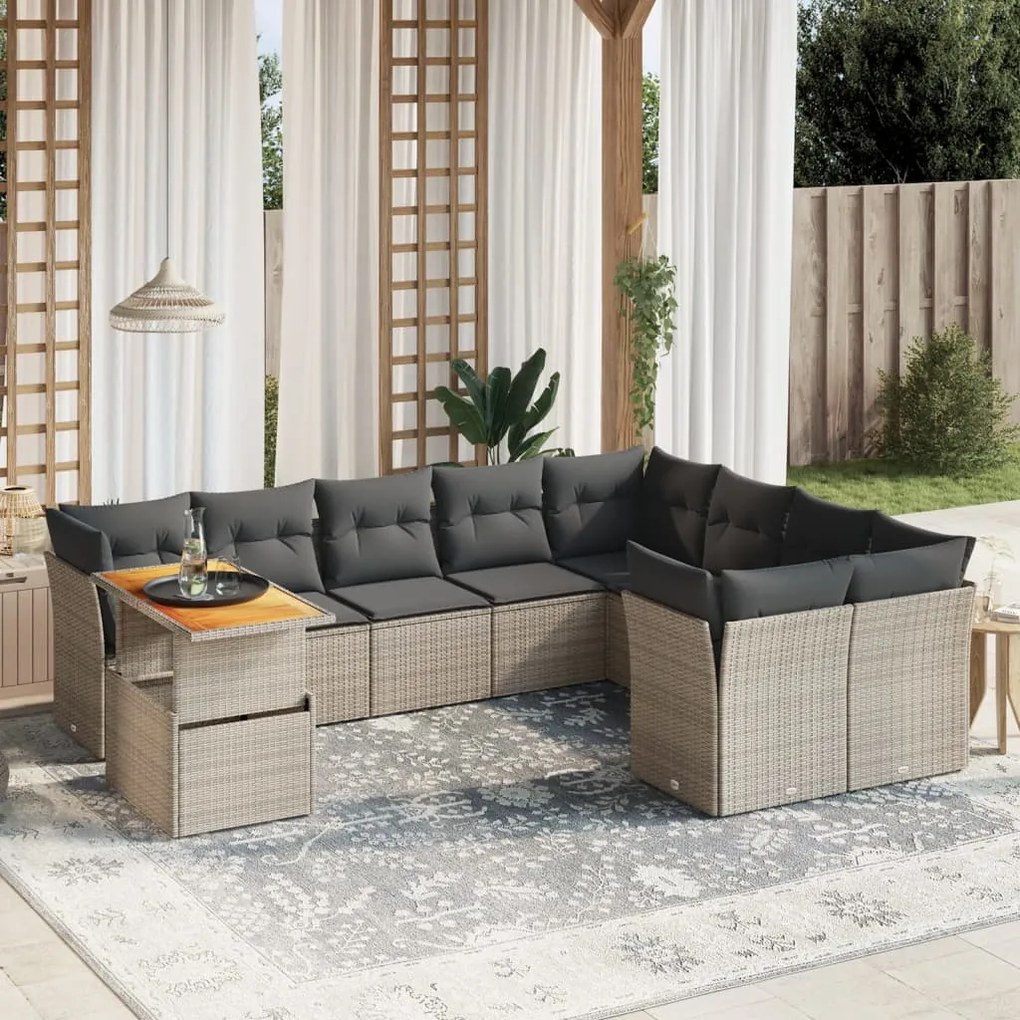 10 pcs conjunto sofás de jardim c/ almofadões vime PE cinzento