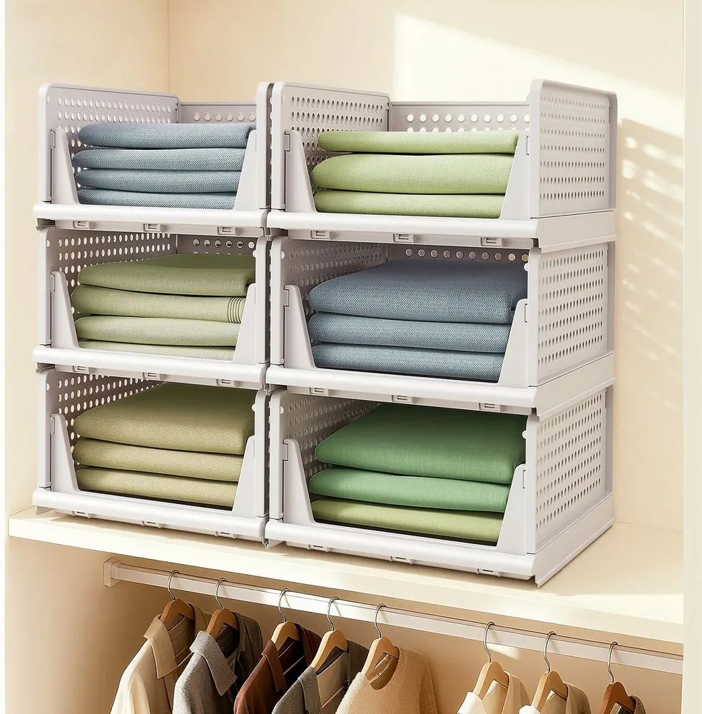 Conjunto de 6 cestos extensíveis dobráveis para armário, organizador empilhável para guarda-roupa brancos
