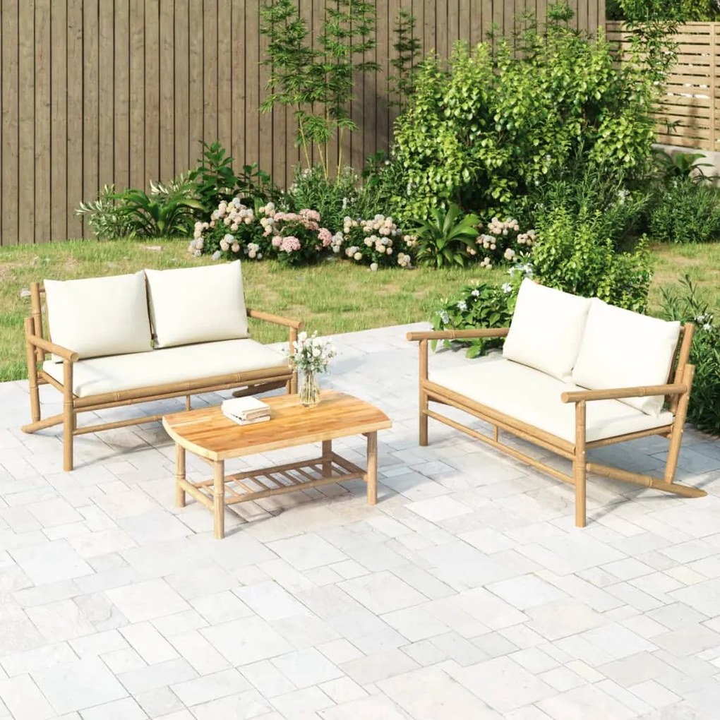 363460 vidaXL Banco de jardim bambu com almofadões branco nata
