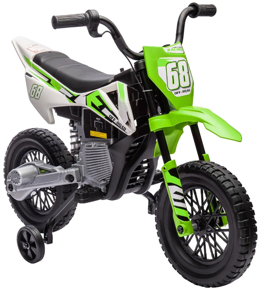 Mota Elétrica para Crianças com Bateria 12V Música Velocidade 2,4-5 km/h e Rodas Auxiliares 107x56x70 cm Verde