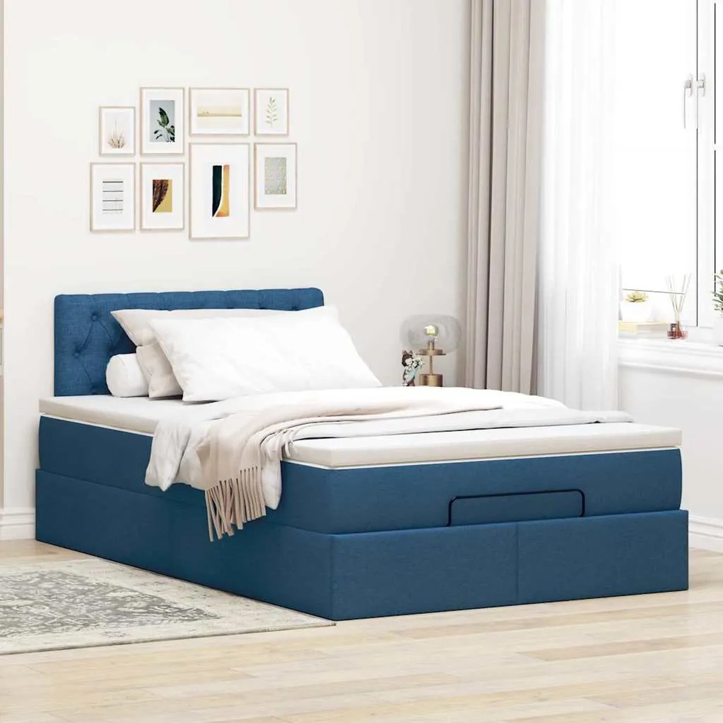 Cama Otomana com Colchão & LEDs Tecido Azul 120x200 cm