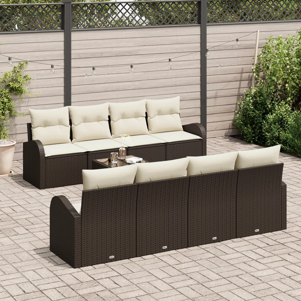 Conjunto de Sofá de Jardim de 9 Peças com Almofadas Castanho Vime de P