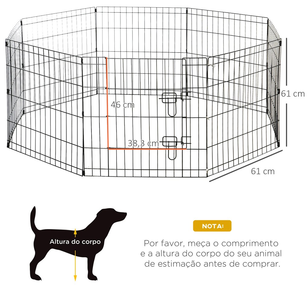 PawHut Parque para Cães 8 Painéis 61x61cm Dobráveis Gaiola Metálica para Animais de Estimação com Porta e Dupla Fechadura para Jardim Pátio Exterior Preto