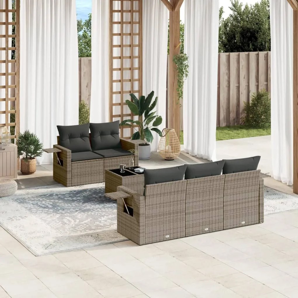 6 pcs conjunto sofás de jardim com almofadões vime cinzento