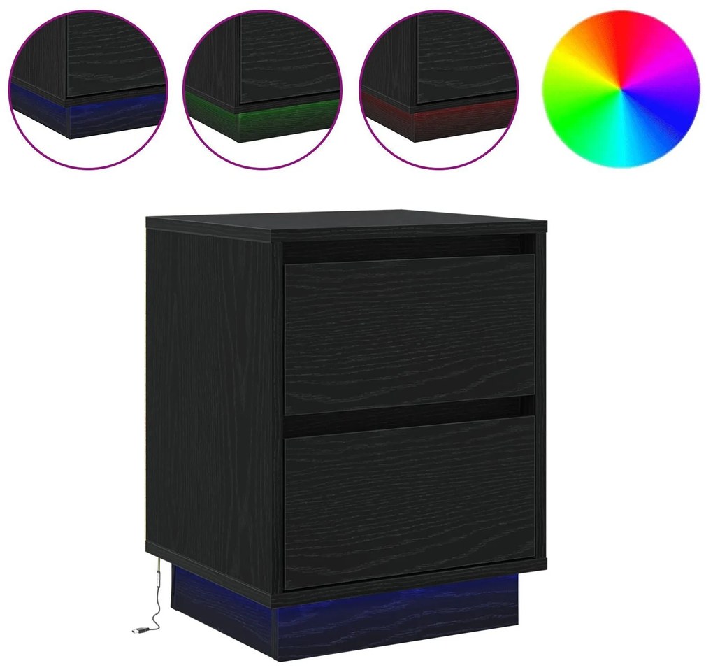 Mesa de Cabeceira com Luzes LED Preta 39x34,5x50 cm