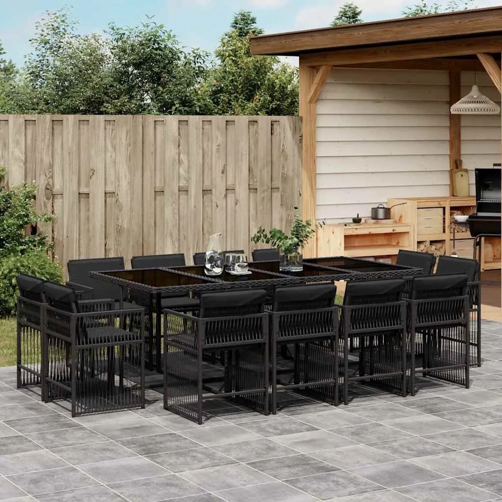 vidaXL 13 pcs conjunto de jantar p/jardim com almofadões vime PE preto