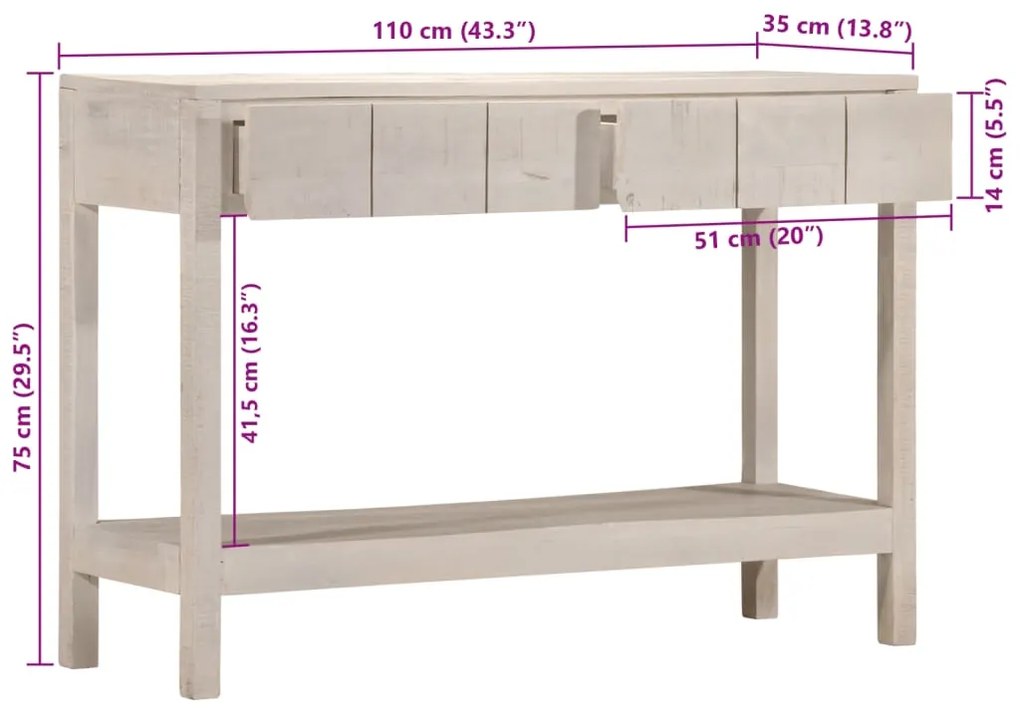 Mesa consola 110x35x75 cm madeira de mangueira maciça branco