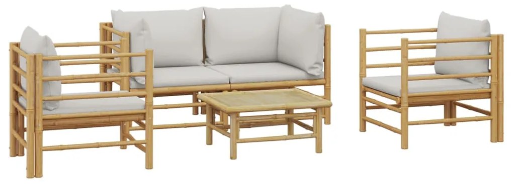 5 pcs conj. lounge de jardim bambu c/ almofadões cinzento-claro