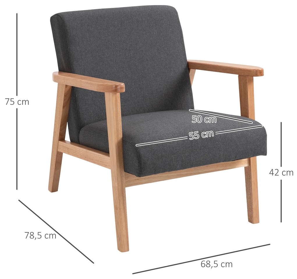 Poltrona de Dormitório Moderna Poltrona de Sala de Estar Estofada em Linho Sintético 68,5x78,5x75 cm Cinza e Madeira