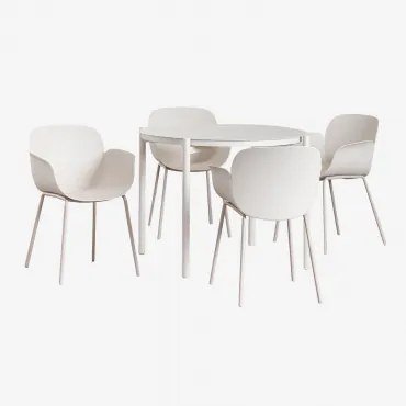 Conjunto De Mesa Redonda Ø110 Cm Em Alumínio Elton E 4 Cadeiras De Jantar Em Polipropileno E Aço Lynette Branco Pedra - Sklum