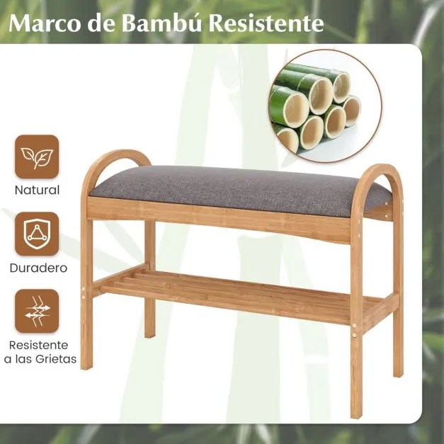 Banco para sapatos em bambu 70 x 31 x 51 cm com 2 níveis com almofada acolchoada e prateleira – ideal para a entrada, corredor, sala de estar e quarto