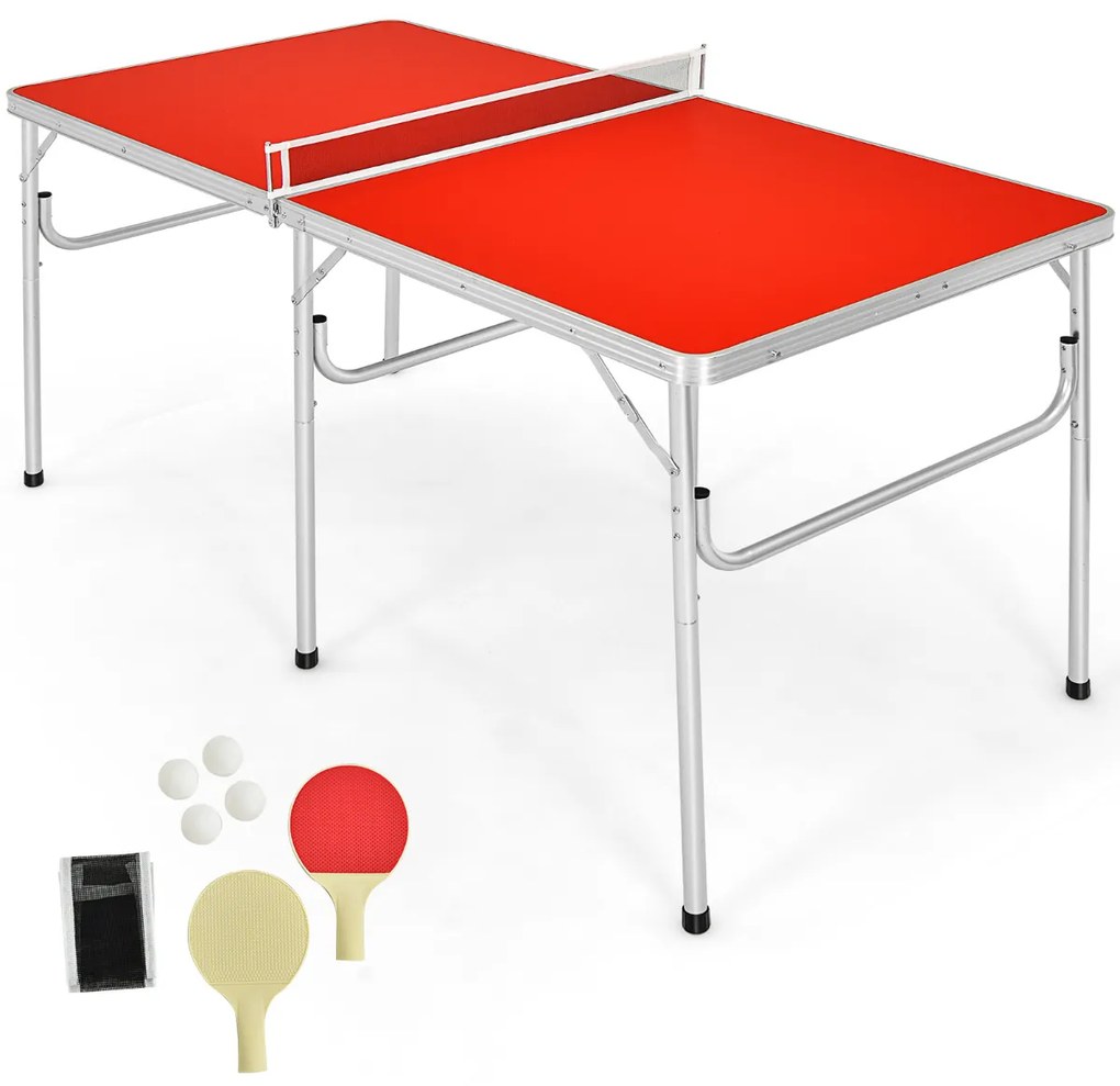 Mesa PingPong Dobrável com Ténis de Rede Dobrável com 2 raquetes 2 bolas 152 x 76 x 76 cm vermelha