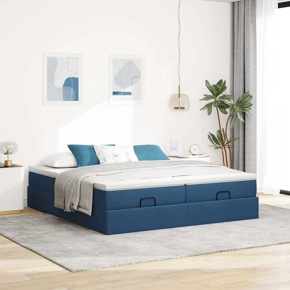 Estrutura de cama otomana com colchões 180x200cm tecido azul