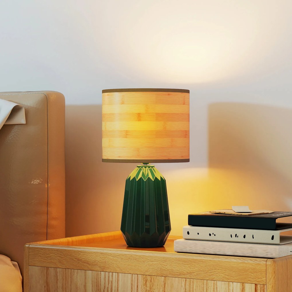 Candeeiro de Mesa com Base de Cerâmica e Ecrã de Linho Estilo Retro com Interruptor E27 40W Verde e Madeira