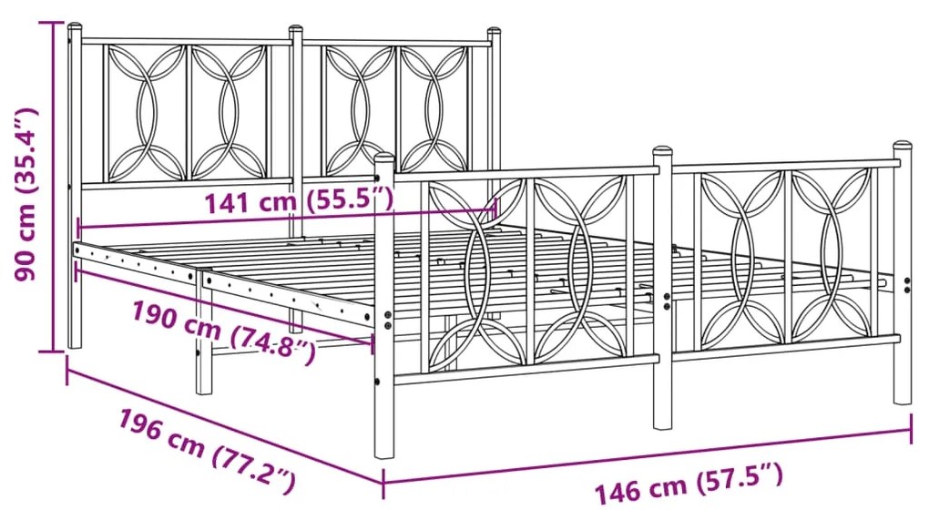 Estrutura de cama com cabeceira e pés 140x190 cm metal preto