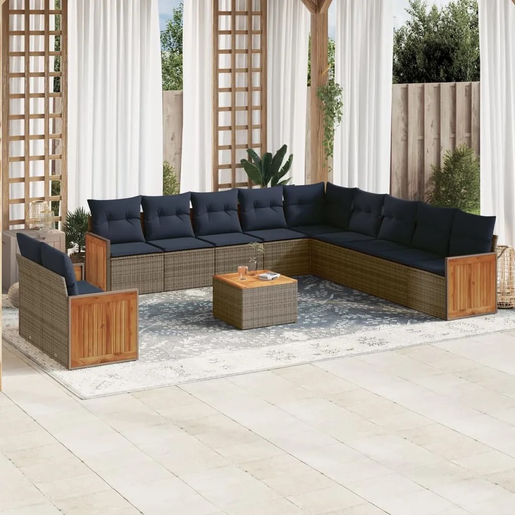 vidaXL 12 pcs conjunto sofás p/ jardim c/ almofadões vime PE cinzento