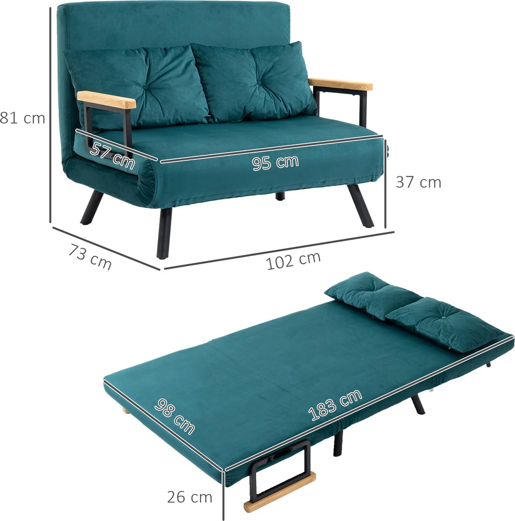 Sofá-cama de 2 lugares 102 C x 73 P x 81 A cm com encosto ajustável em 5 posições e 2 almofadas estofadas, revestimento em veludo, verde-pato