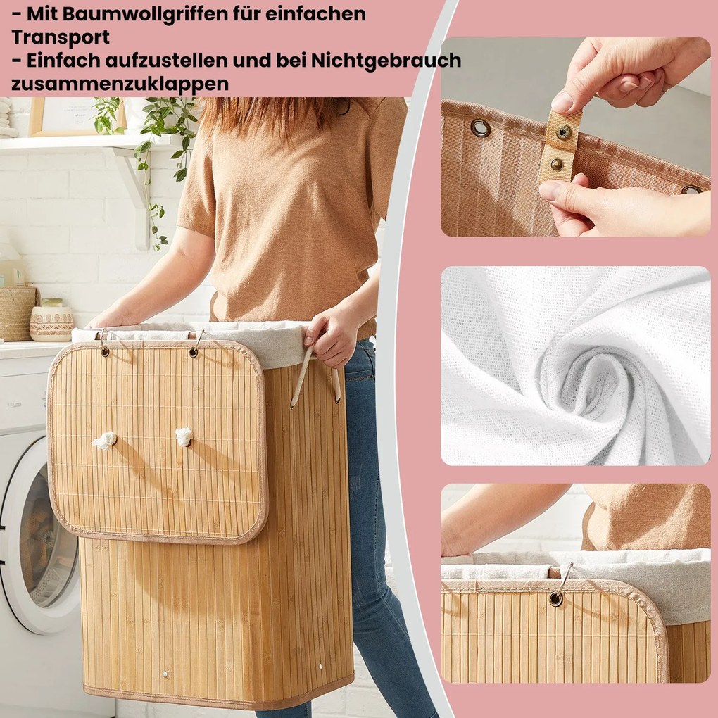 Cesto para roupa em bambu de 72 L, 40 x 30 x 60 cm cor natural