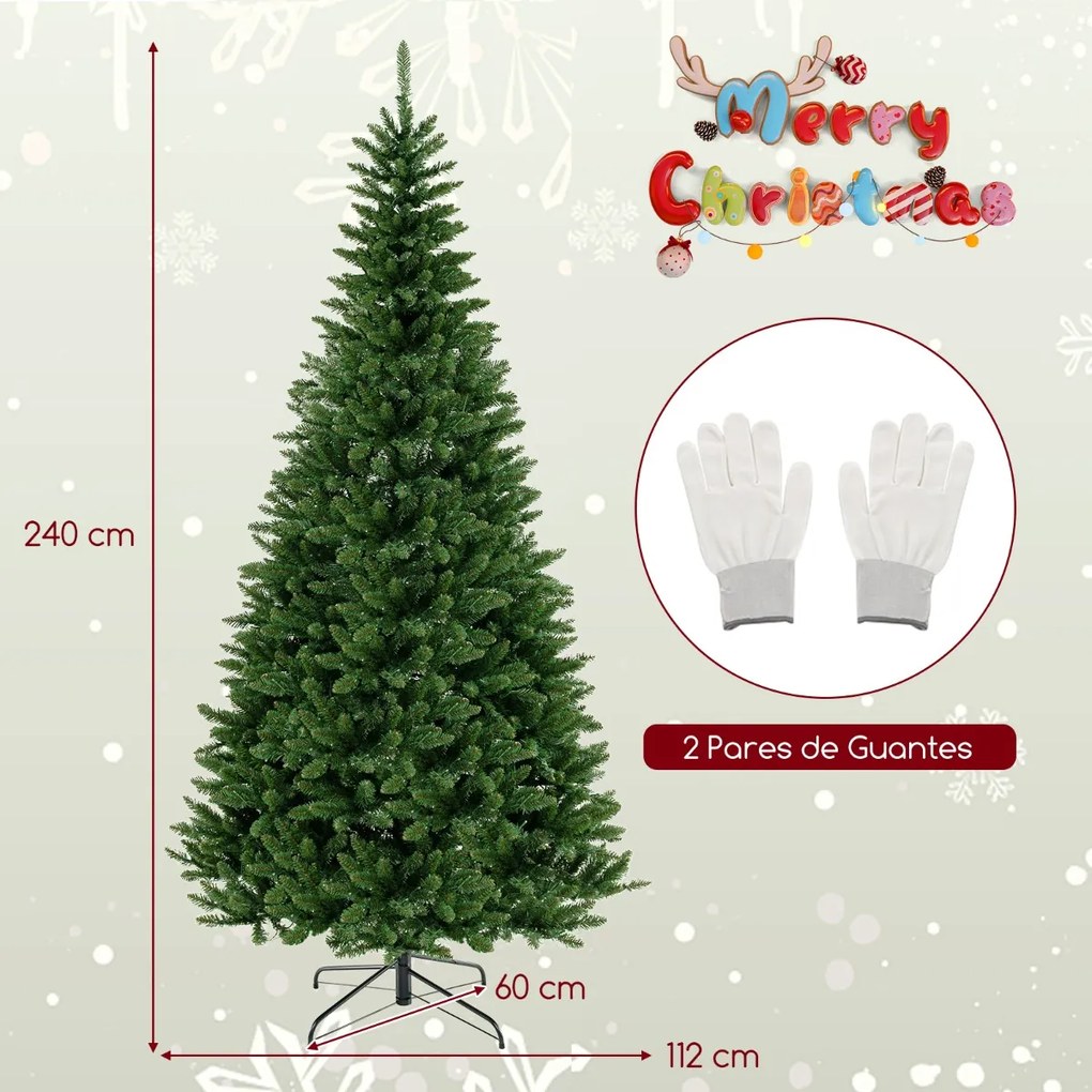 Árvore de Natal artificial pré-iluminada de 240 cm Ângulo de 270° com 1137 ramos 360 luzes LED Base metálica Decoração festiva para casa Verde