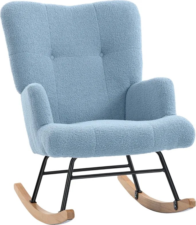 Cadeira Baloiço em Borrego Poltrona para Amamentação com Encosto Capitonê e Base de Madeira 65x88x87 cm Azul Claro