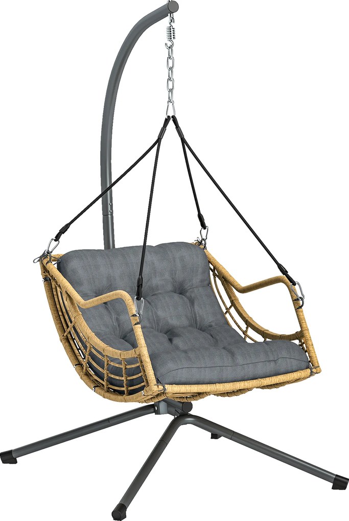 Outsunny Poltrona suspensa em resina trançada com suporte, cadeira suspensa, almofada, fixação de segurança, altura ajustável, cinza | Aosom Portugal