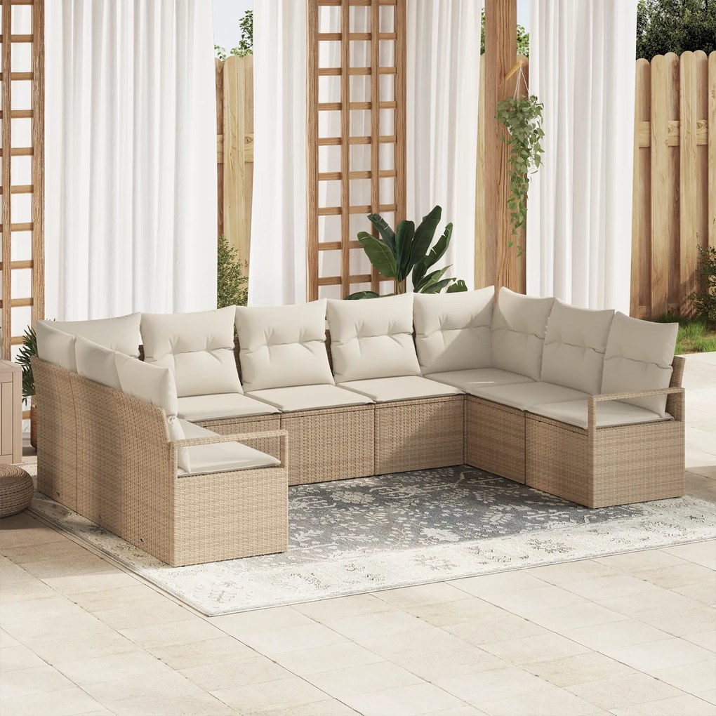 Conjunto de Sofá de Jardim vidaXL 9 Peças com Almofadas Bege Rattan