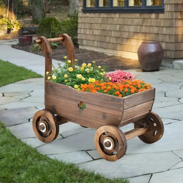 Carrinho floreira com caixa de madeira Rodas Buraco de drenagem Suporte de vasos de flores Decoração de jardim Pátio Varanda Castanho
