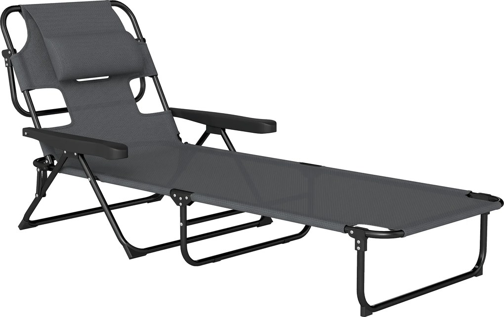 Outsunny Espreguiçadeira Jardim Dobrável Encosto Ajustável Orifício de Leitura Almofada de Apoio 120 kg 145x72x89 cm Cinza Escuro | Aosom Portugal