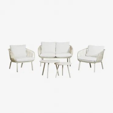 Conjunto De Jardim Com Sofá De 2 Lugares, 2 Poltronas E 2 Mesas De Centro Em Aço E Polipropileno Aradina Crema Linho - Sklum