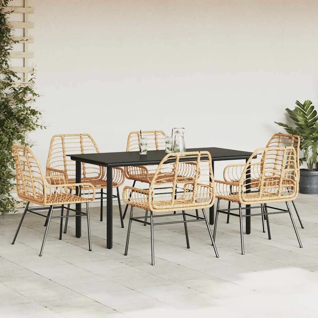 Conjunto jantar jardim 7 peças vidro vime PE castanho