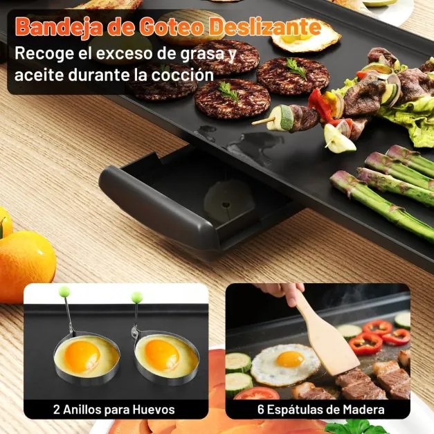 Grelhador elétrico 81,8 × 25,6 × 12,9 cm com temperatura ajustável, pegas isoladas para uso interno e externo Preto