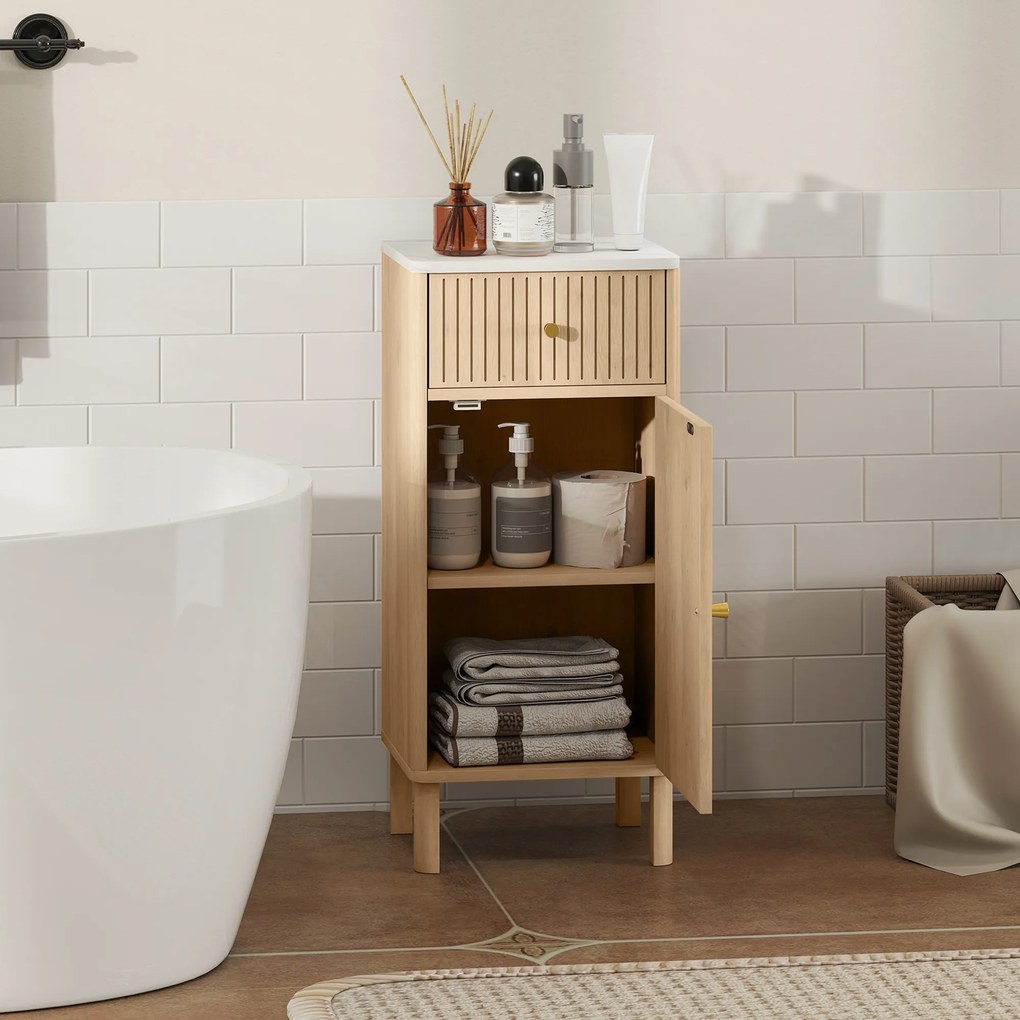 Móvel de casa de banho 36 x 30 x 80 cm, móvel de arrumação com tampo com efeito de mármore e porta com ranhuras, gaveta cor carvalho