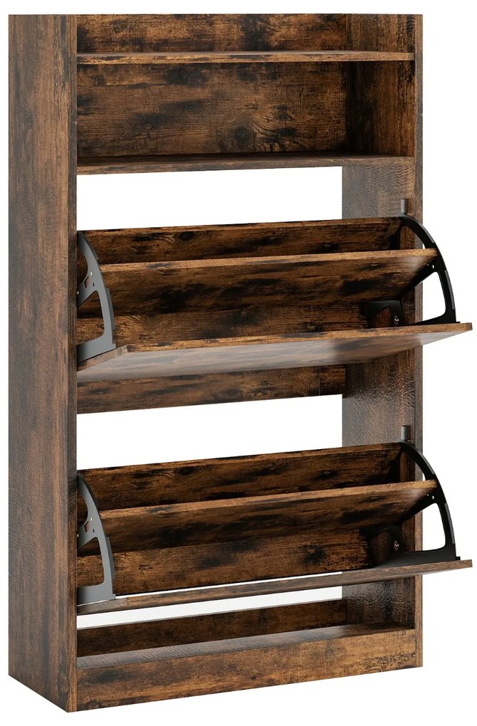 Sapateira 60 x 24 x 102 cm com 2 gavetas rebatíveis e espaço de arrumação aberto para corredor ou sala de estar Castanho