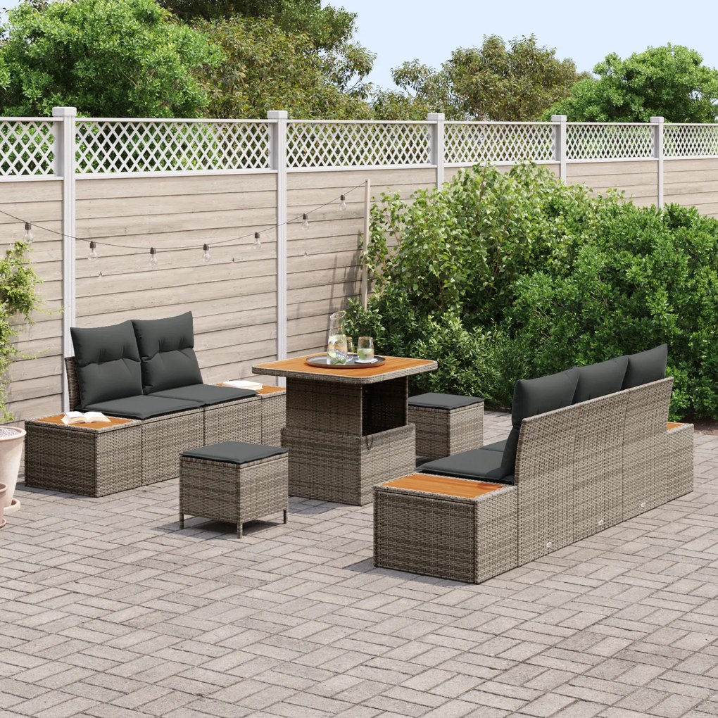 Conjunto de Sofá de Jardim vidaXL 8 Peças com Almofadas Cinza Rattan A