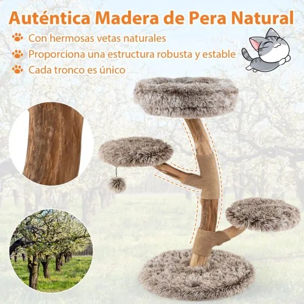 Arranhador para gatos 50 x 90 cm em madeira macia de pereira com plataforma bola suspensa postes para arranhar natural Natural