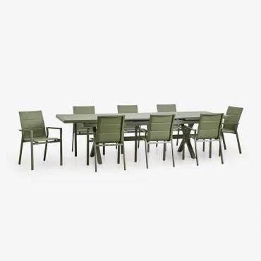 Conjunto De Mesa Retangular Extensível 240-300x100 Cm E 8 Cadeiras De Jardim Empilháveis Com Apoios De Braços Em Alumínio Karena Verde Azeitona Intens