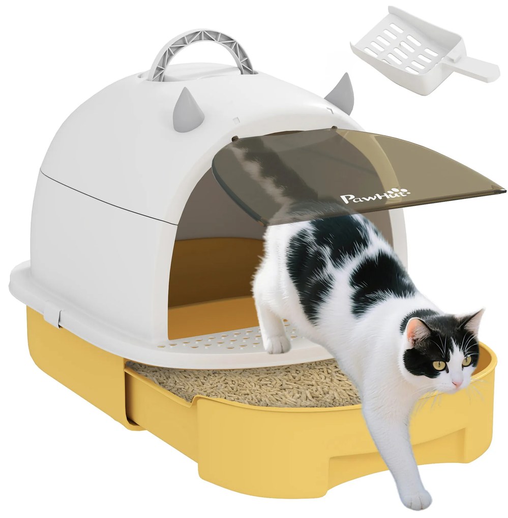 PawHut Caixa de Areia para Gatos Fechada Caixa de Areia para Gatos com Tampa e Bandeja Amovíveis Filtro de Carvão e Pá 40,5x52x39 cm Branco e Amarelo