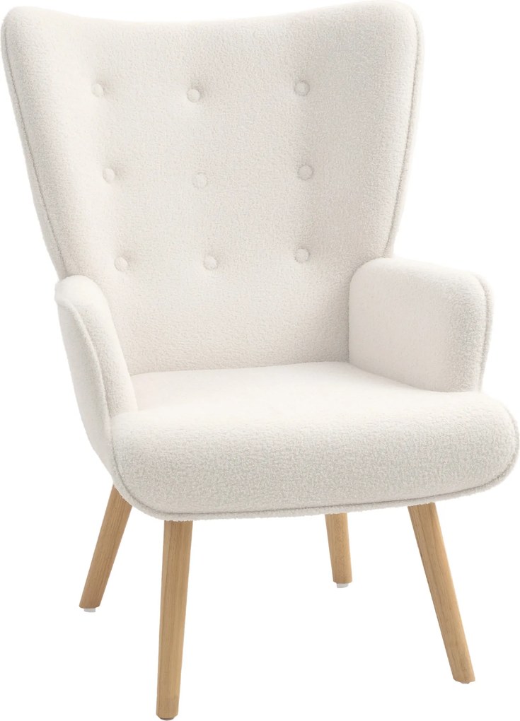 Poltrona de sala em tecido bouclé, poltrona estofada e acolchoada com pés de madeira, 71 x 74 x 96 cm, bege
