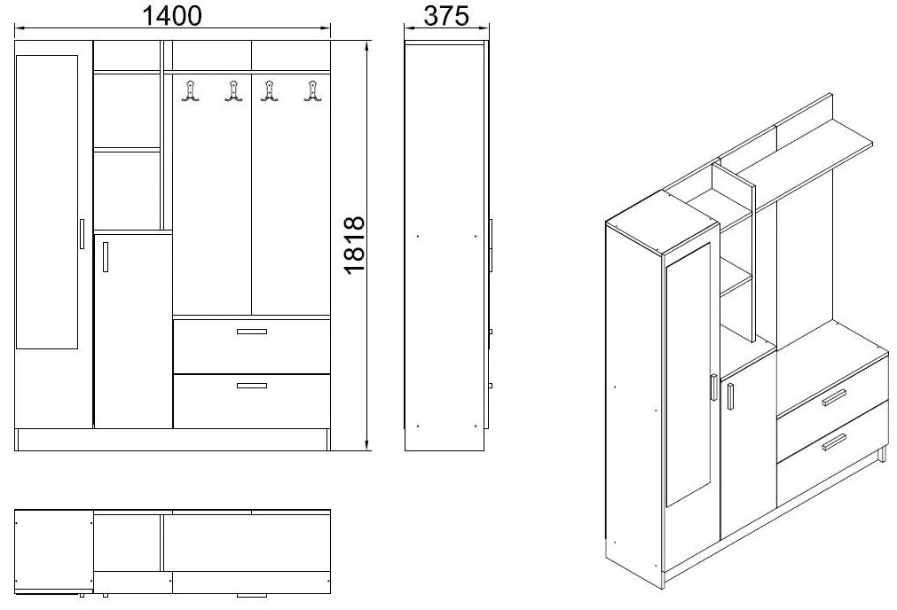 Cabideiro DD5 – Atlantic Pine e Antracite – 140x181,8x36,8 cm